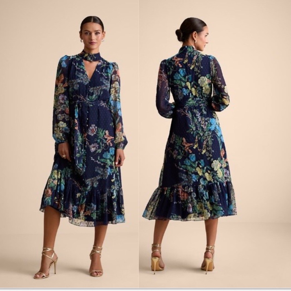 Lulus‎ Fallyn Navy Floral Swiss Dot Long Sleeve Midi Dress, Size XS, NWT